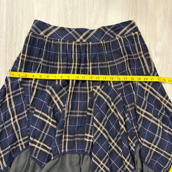 Free People Skirt Women Plaid Ruffle Hem Midi Skirt Navy Tan Boho Asymmetrical S - Picture 6 of 13